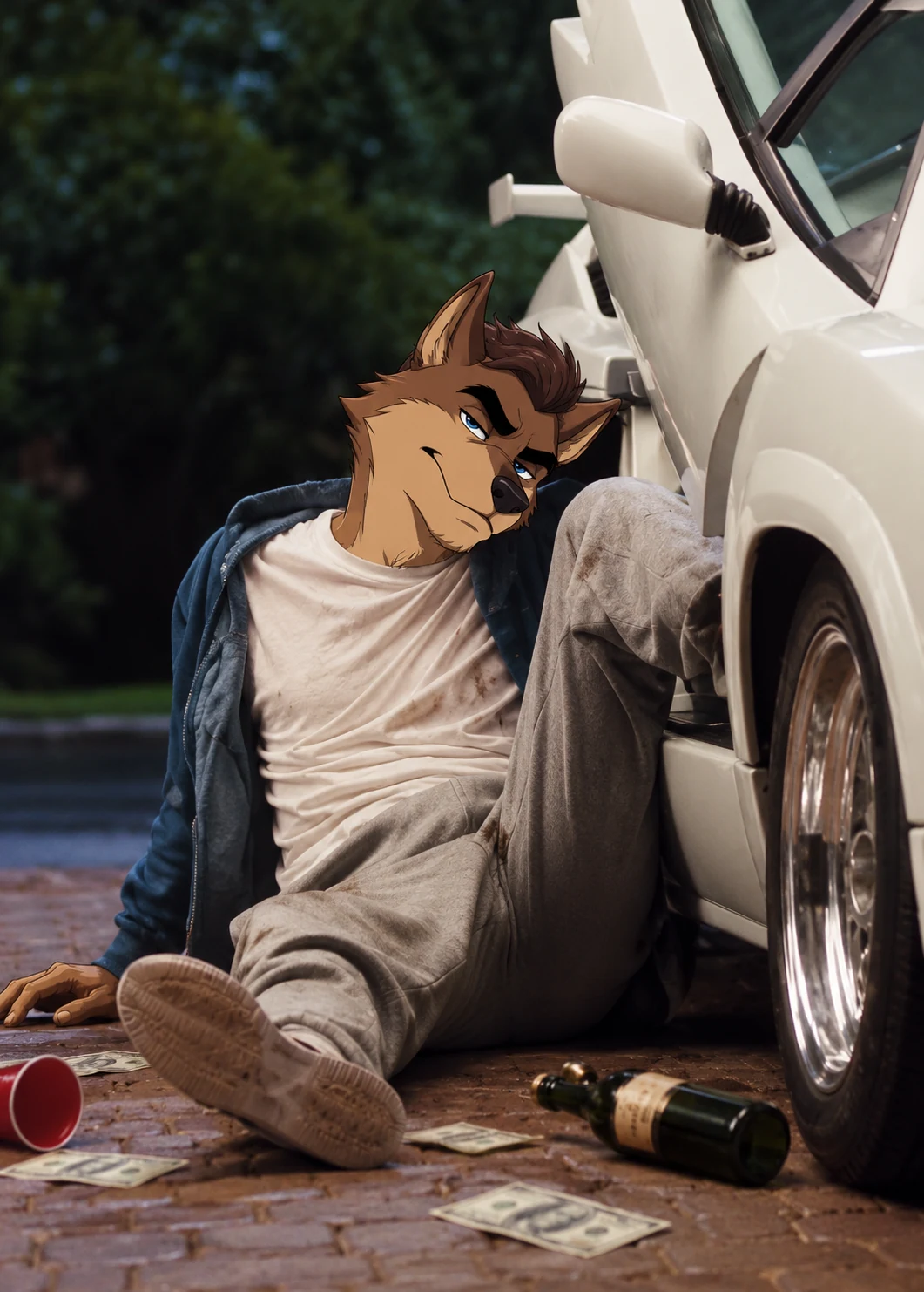 Wolf slumped beside a car