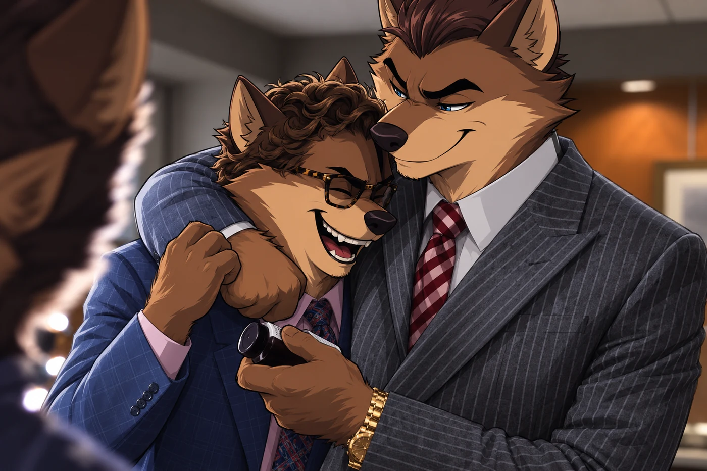Two wolves in suits laughing
